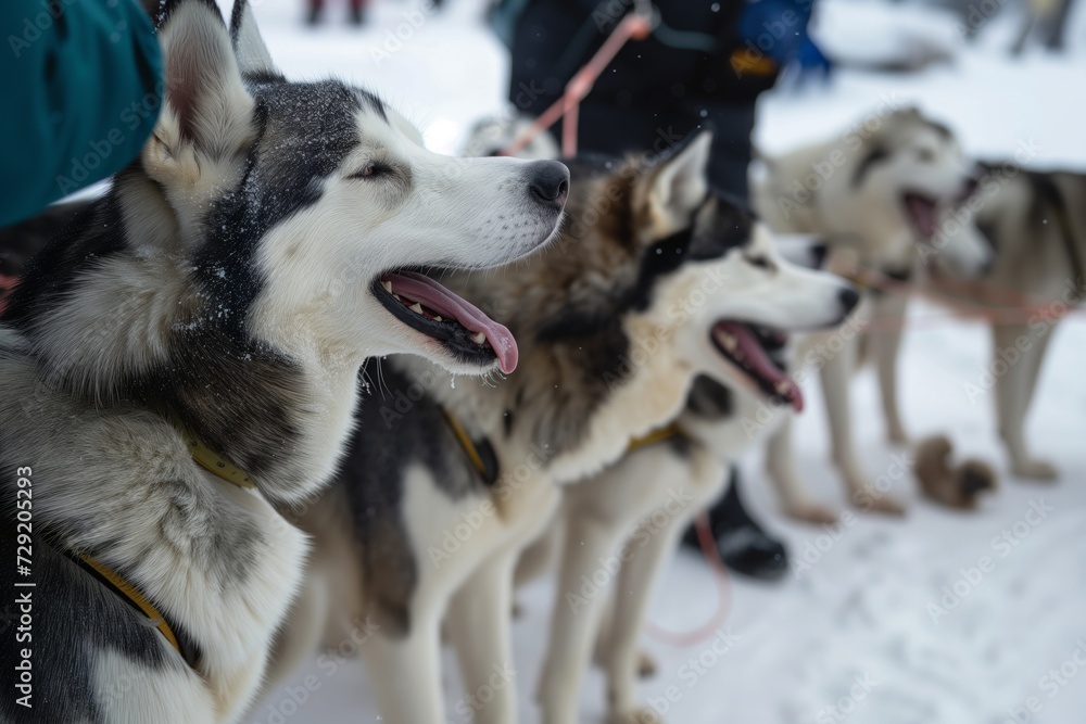 team of huskies panting, taking a break, with musher checking paws team of huskies panting, taking a break, with musher checking paws