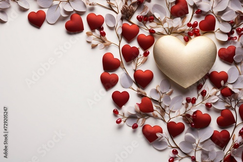 Gold heart and small branch with white leaves, red hearts.Valentine's Day banner with space for your own content.