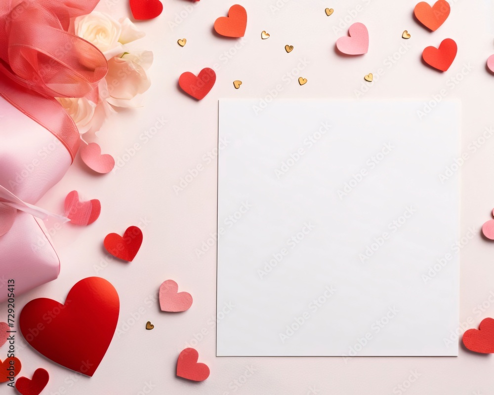 White blank card with space for your own content. All around red and pink hearts. Valentine's Day as a day symbol of affection and love.