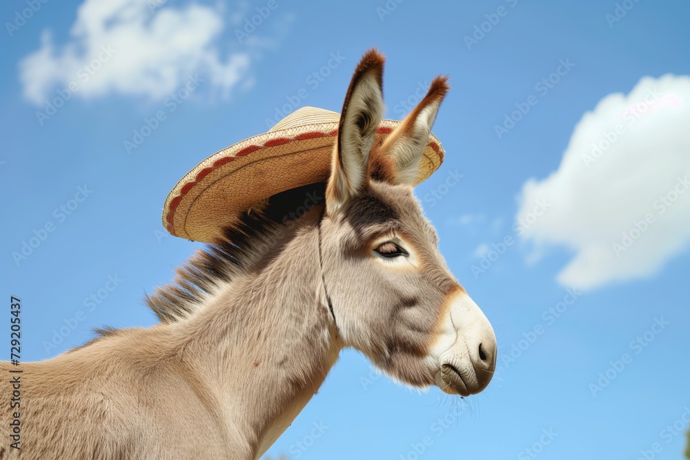 profile of a donkey in a sombrero against a blue sky backdrop