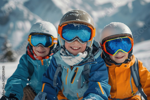 Portrait of children skiing in protective equipment in mountains. Winter sport