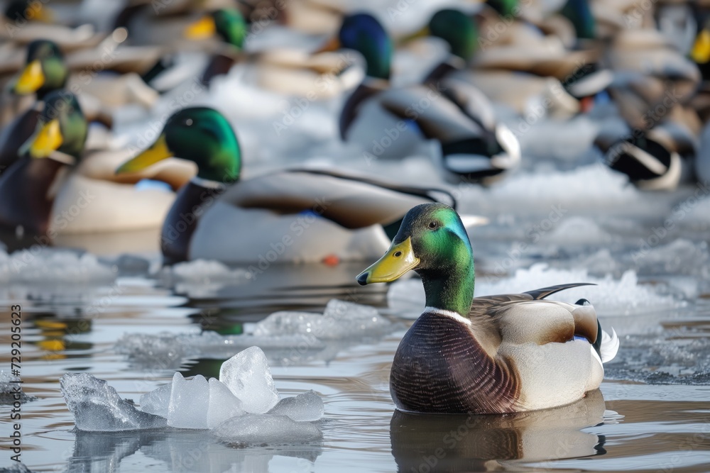 Obraz premium ice pieces floating amongst paddling ducks in pond