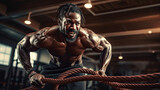Athletic muscular African American man doing battle rope workout in the gym.