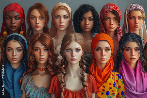 Group of women of different nationalities and cultures, skin colors and hairstyles. Society or population, social diversity