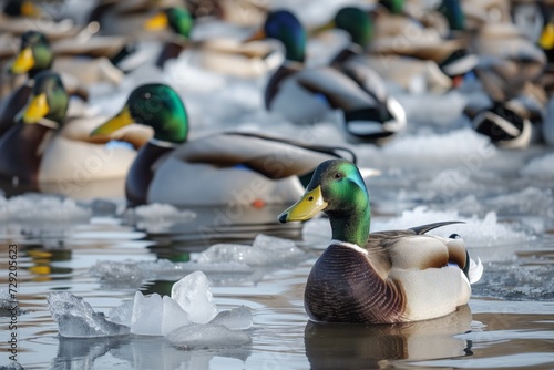 ice pieces floating amongst paddling ducks in pond