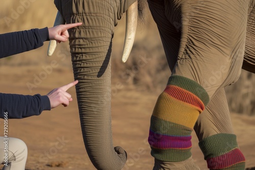elephant wearing leg warmers, person beside pointing toes photo