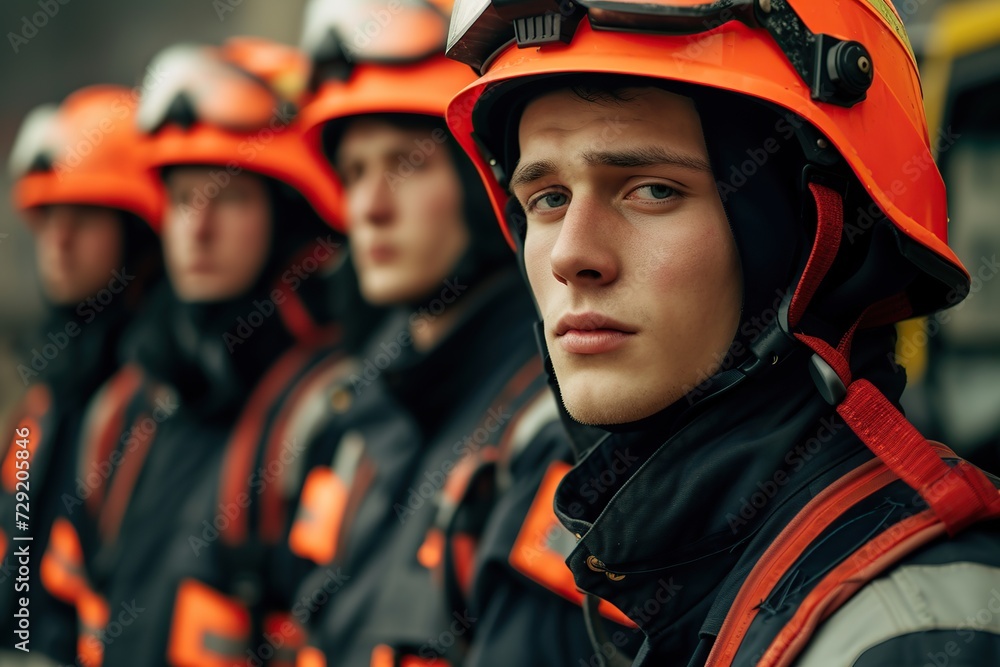 Portrait of firefighter team in uniform and helmet Portrait of firefighter team in uniform and helmet