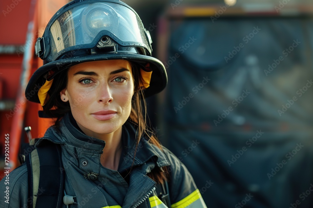 Portrait of firefighter woman in uniform and helmet standing near fire engine Portrait of firefighter woman in uniform and helmet standing near fire engine