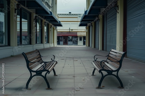 Billede på lærred vacant benches between closed storefronts
