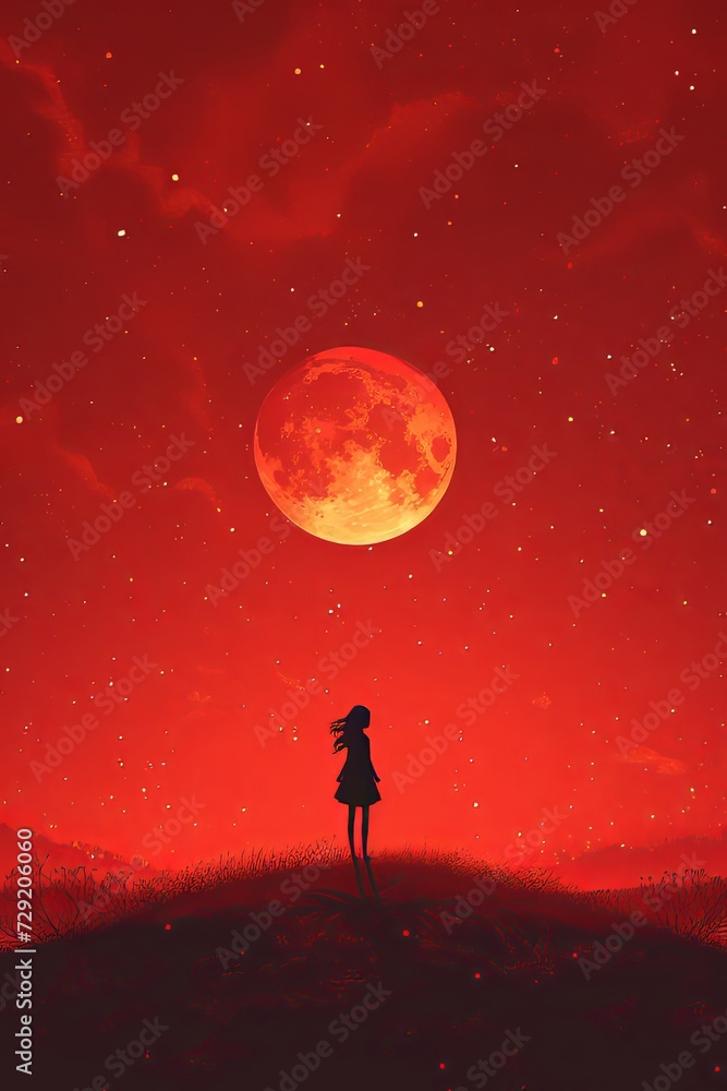 Minimalist, flat style, high sense style, red Sub-Surface-Scattering heart moon, red Sub-Surface-Scattering material ground, red background, bright environment, front shooting.