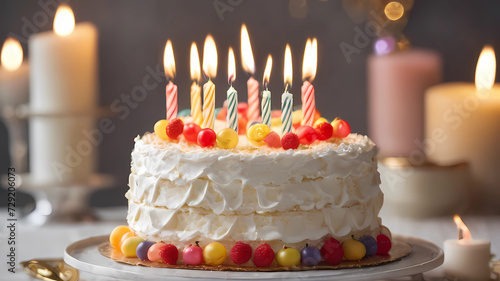 A white birthday cake with light candles and streamers