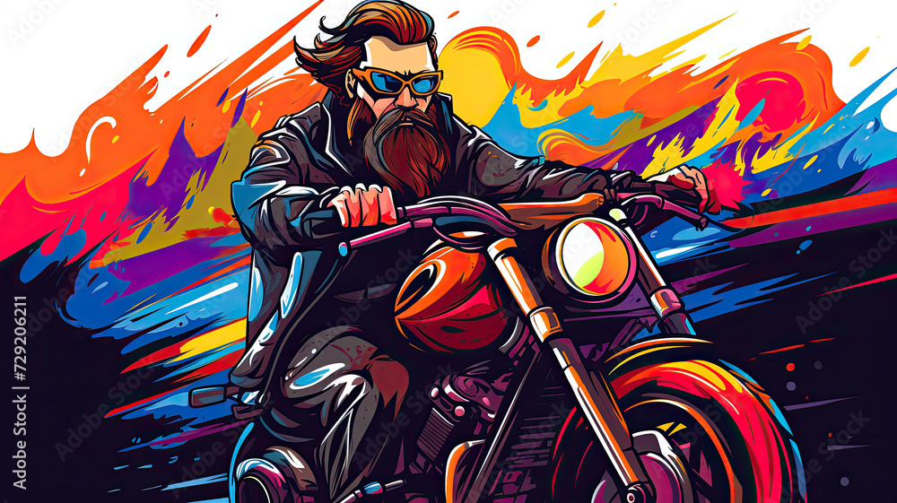 A bright multi-colored illustration of a bearded biker riding a motorcycle on the highway.