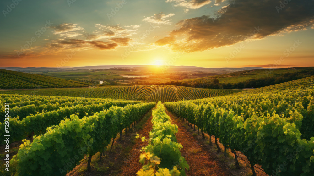 Panorama view of Green field with rows of vines. Ripe grapes for the production of fine wines.