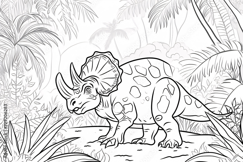 Protoceratops Dinosaur Black White Linear Doodles Line Art Coloring Page, Kids Coloring Book
