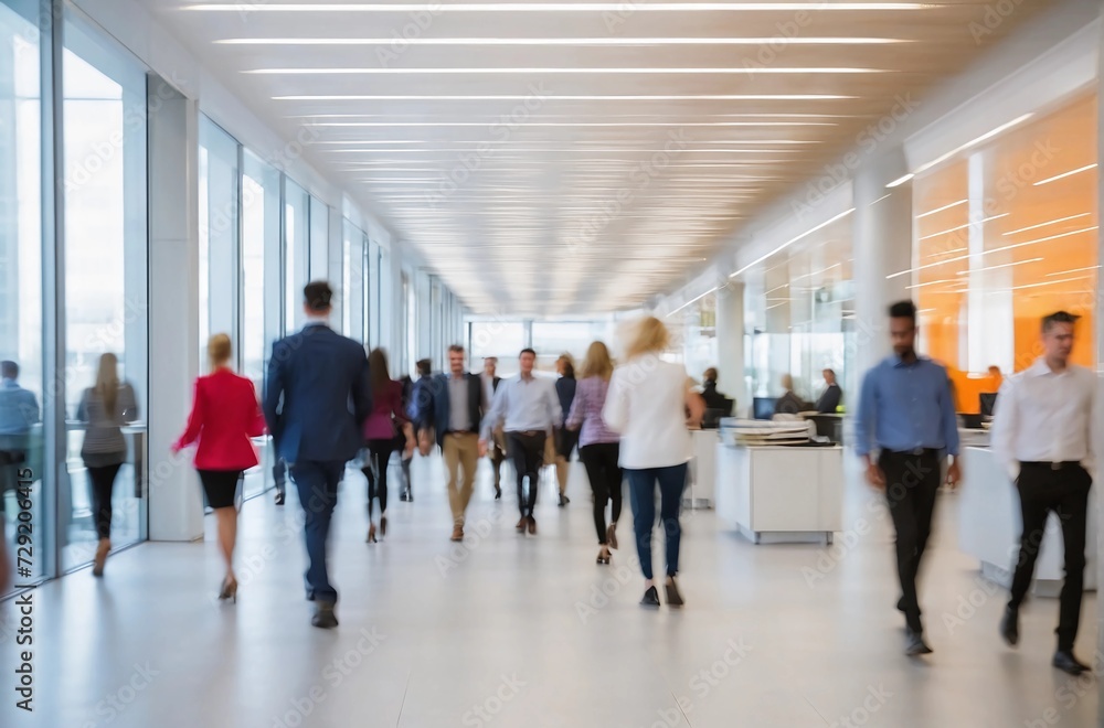 Bright business office with people walking in blurred motion, busy workplace.