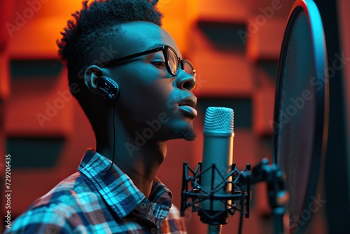 Young african american man singing with microphone and recording new song in studio