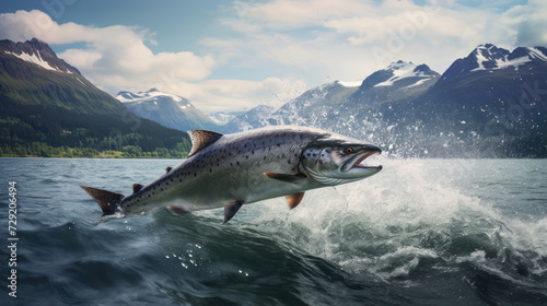 A large salmon jumping out of the water on a snow-covered fjord in the background. Trophy fishing in the sea bay. © OleksandrZastrozhnov