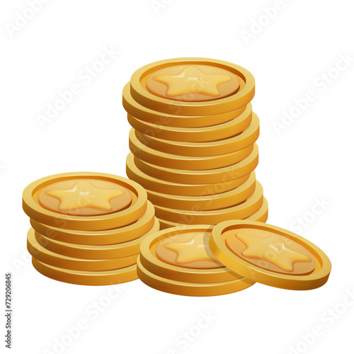Gold Coin Stack 3d render isolated. Game Money on white background. Coin with star for game reward and prize. Vector 3d illustration.