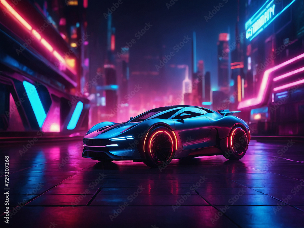 Car with futuristic background neon lights