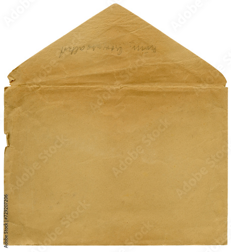Front of open vintage antique envelope, faded and torn, brown yellowed paper with texture and pencil marks, PNG