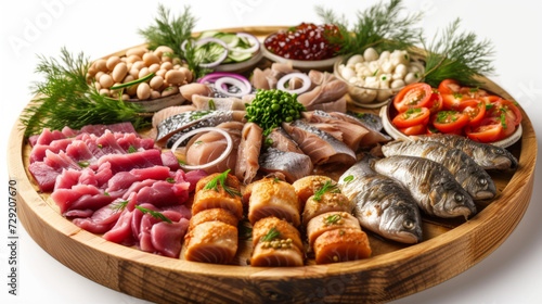 Swedish Easter Smorgasbord with a variety of dishes, on a wooden board, pickled herring, lamb, fresh vegetables, on a white background. Easter celebration concept and festive products