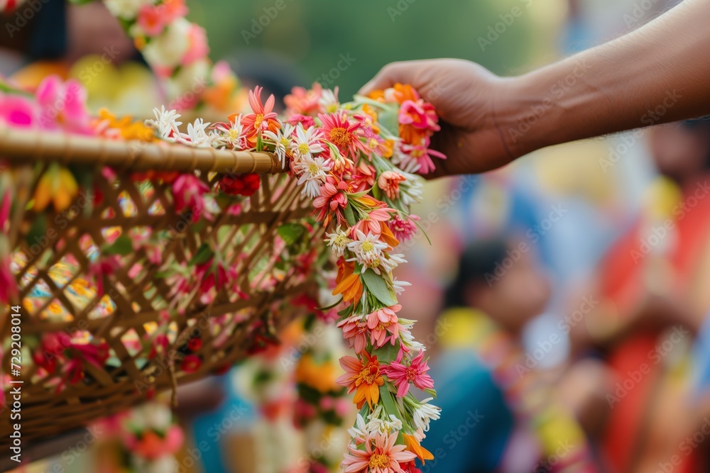 person tossing a flower garland from the basket during a cultural event