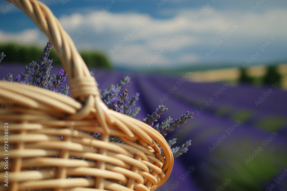 Fototapeta premium basket closeup, lavender field stretching out below