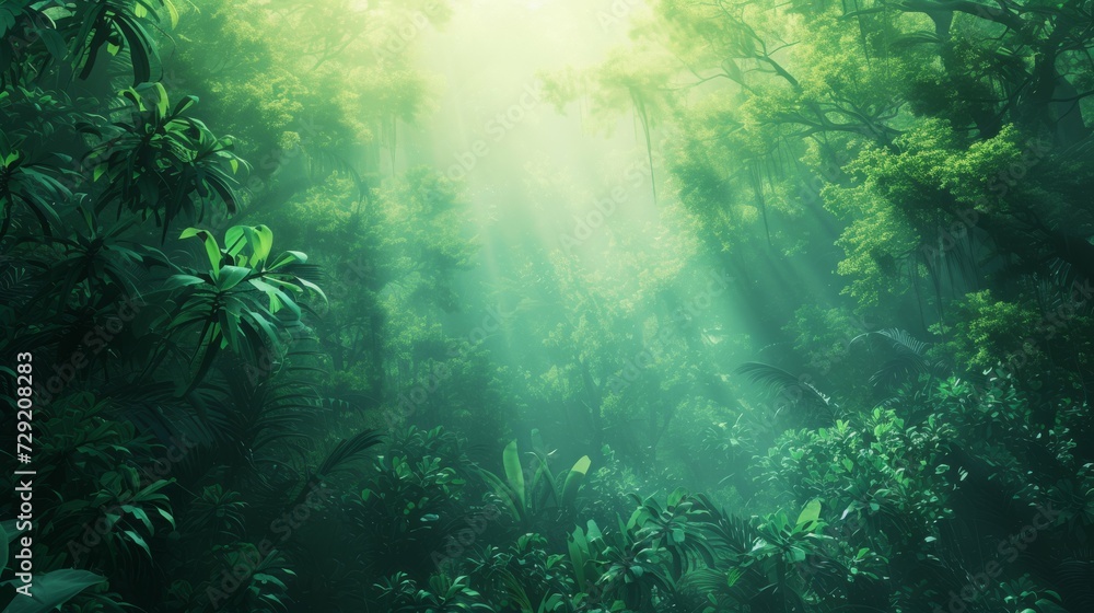 Fototapeta premium Toon, soft pastel, full page gradient, light green top to dark green bottom, vignetted, professional, iconic, popular, trendy, high quality, rain forest environment