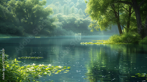 Quiet and calm landscape background with a lake and a forest against a pure natural sky