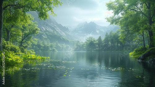 Quiet and calm landscape background with a lake and a forest against a pure natural sky