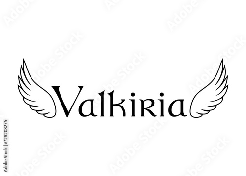 Mitología nórdica. Logo con palabra Valkiria en español con alas