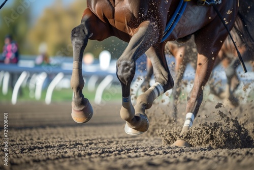 action shot of horse hooves and jockeys whip midrace