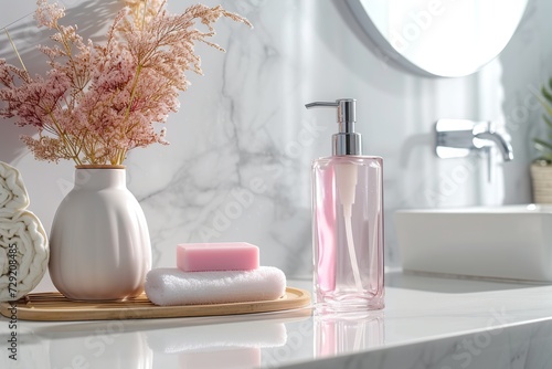 Bathroom counter with sink, water faucet and soap dispenser with liquid soap