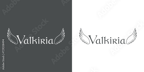 Mitología nórdica. Logo con palabra Valkiria en español con alas