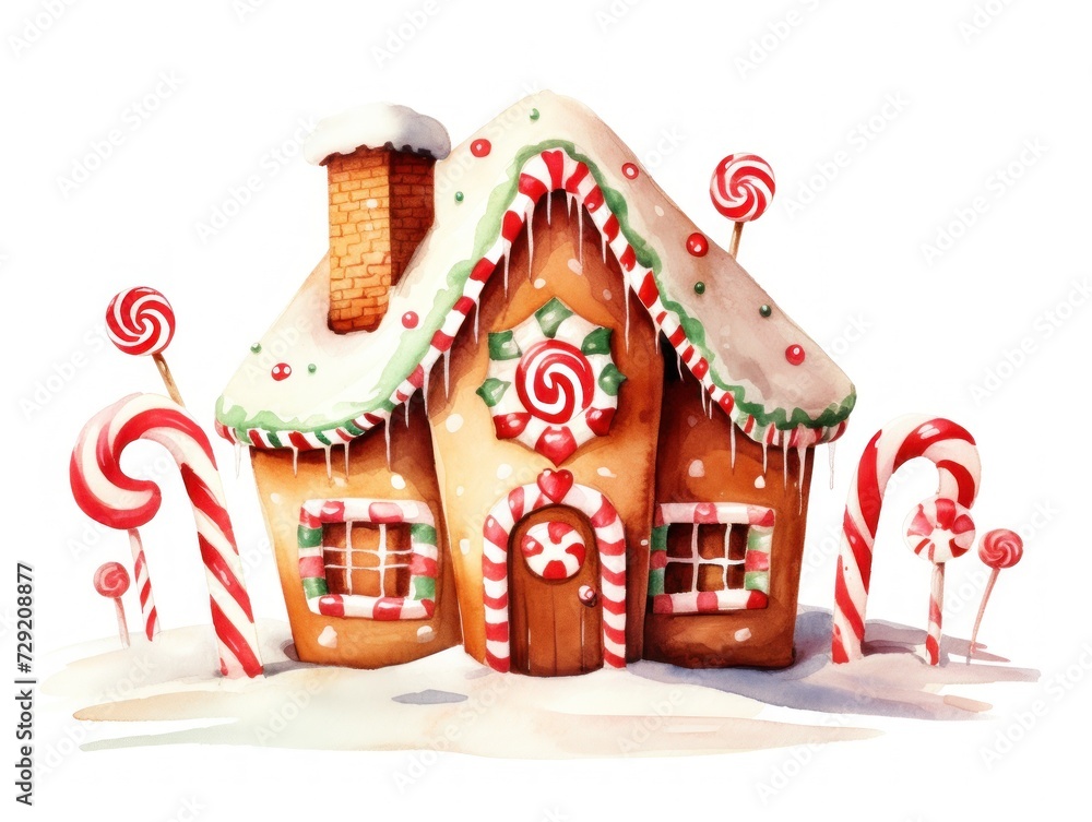 A Gingerbread House With Candy Canes and Sweets. Christmas watercolor card. A Gingerbread House With Candy Canes and Sweets. Christmas watercolor card.