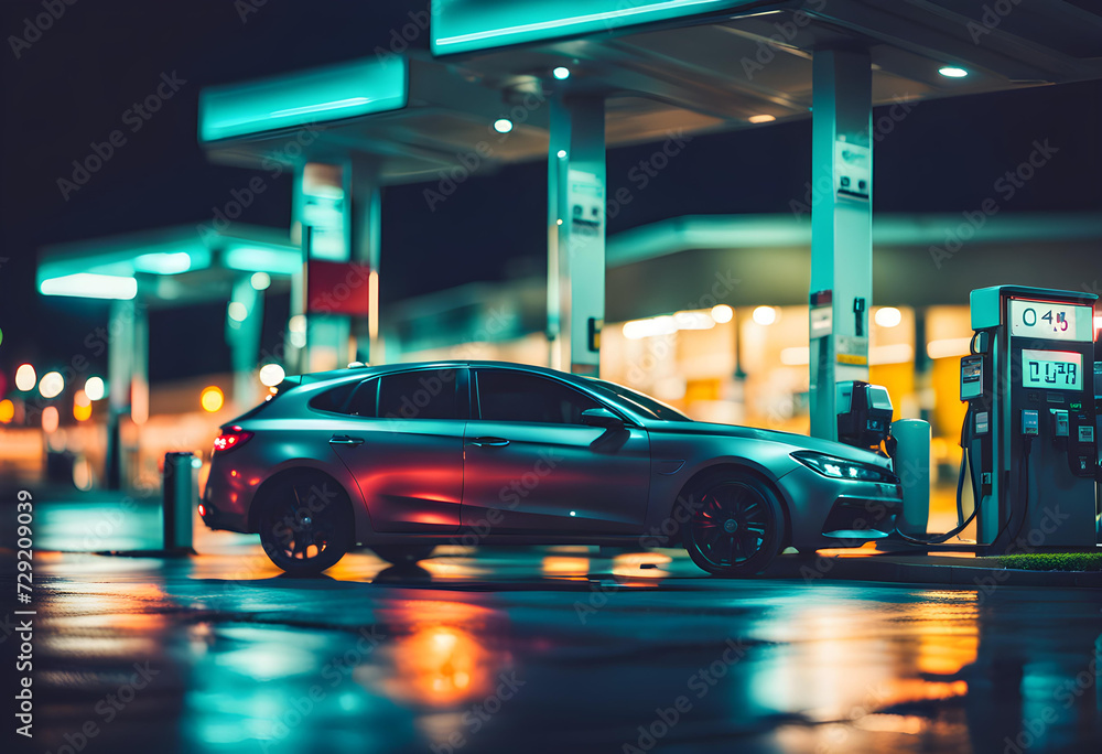 Blur image of car at gas station in the night