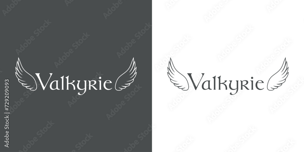 Mitología nórdica. Logo con palabra Valkyrie con alas - obrazy, fototapety, plakaty 