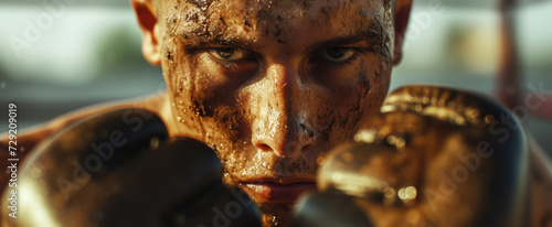 Close-up shot of a person with dirt on their face. This image can be used to portray emotions such as tiredness, exhaustion, or hard work.