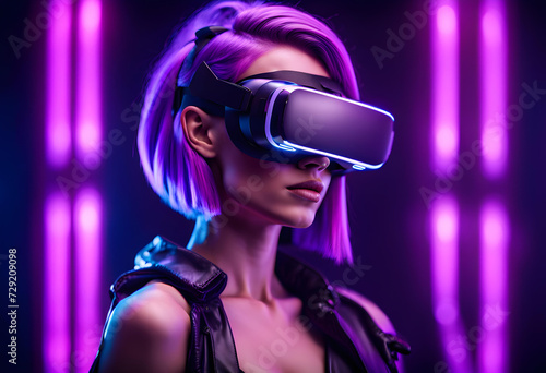 Beautiful woman with purple hair in futuristic