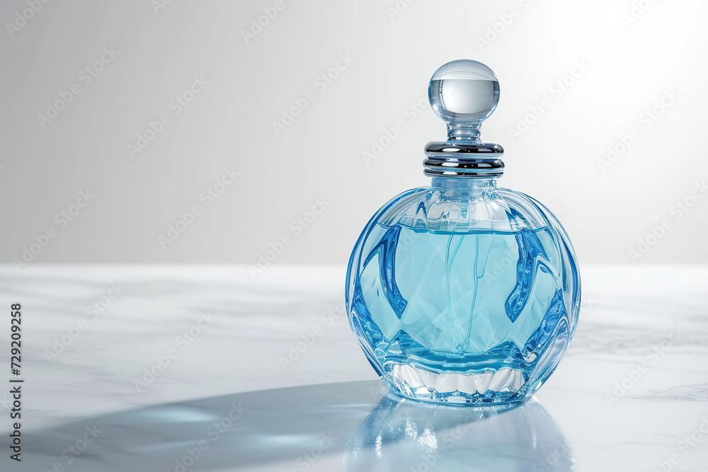 Elegant blue perfume bottle on white background Elegant blue perfume bottle on white background