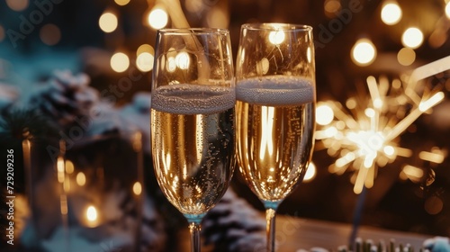 Two champagne flutes filled with sparkling wine sitting on a table. Perfect for celebrations and special occasions photo