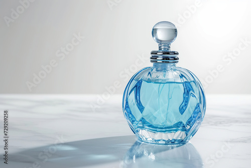 Elegant blue perfume bottle on white background