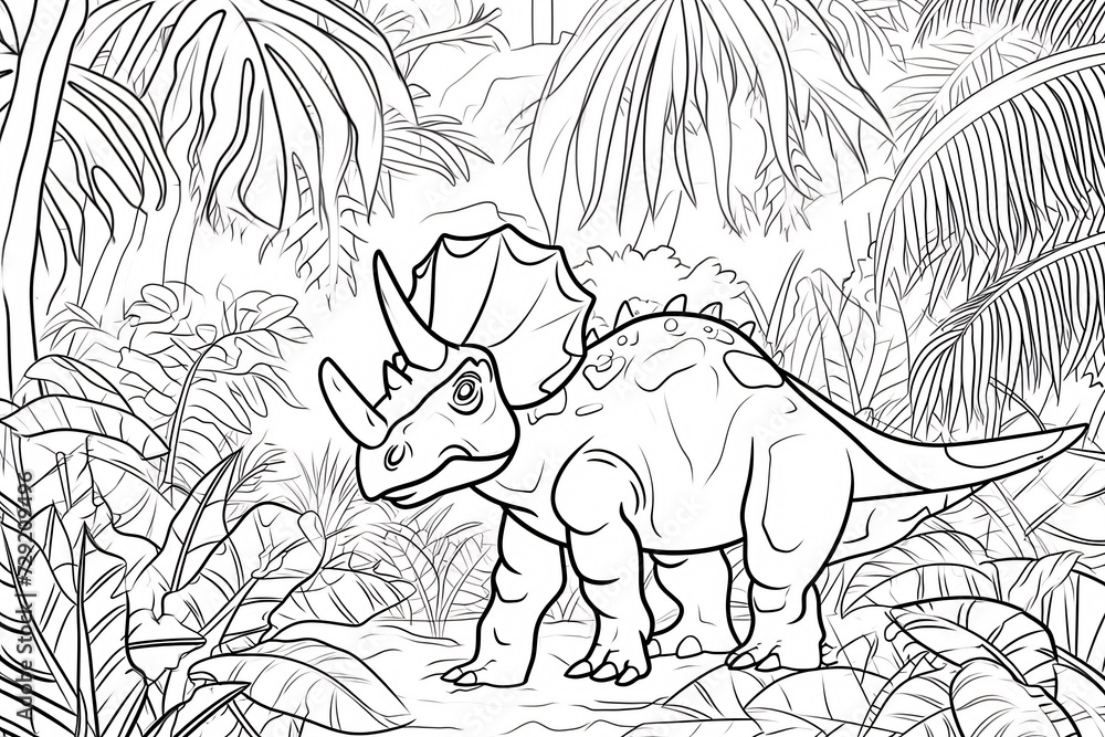 Naklejka premium Torosaurus Dinosaur Black White Linear Doodles Line Art Coloring Page, Kids Coloring Book