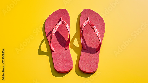 Summer holiday concept with colorful flip-flops on a sandy beach, representing relaxation, vacation, and beachwear fashion