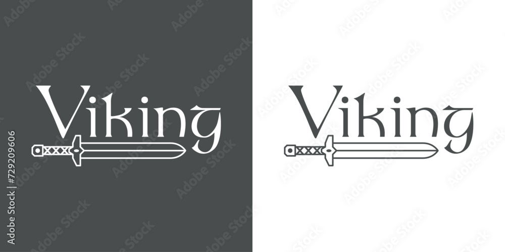 Fototapeta premium Logo con palabra Viking con espada medieval