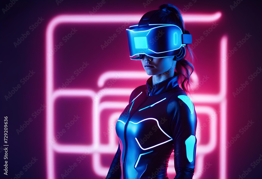 Woman in futuristic sport costume. Augmented