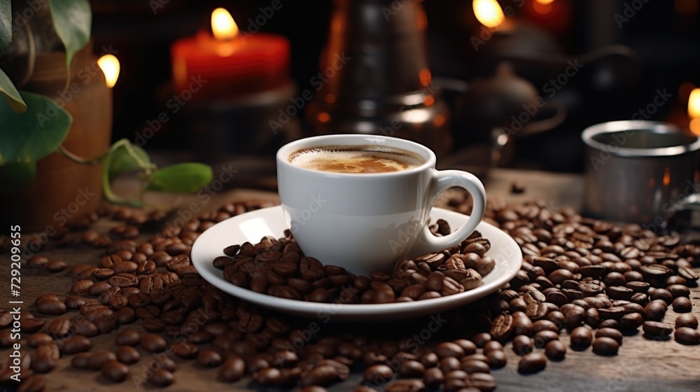 A cup of coffee placed on top of a bed of coffee beans. Perfect for illustrating the rich aroma and taste of freshly brewed coffee. Ideal for coffee shop advertisements and articles on coffee culture A cup of coffee placed on top of a bed of coffee beans. Perfect for illustrating the rich aroma and taste of freshly brewed coffee. Ideal for coffee shop advertisements and articles on coffee culture