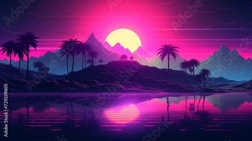 A Serene Sunset Scene With Palm Trees and Mountains. Dreamscape wallpaper. Neon colors.