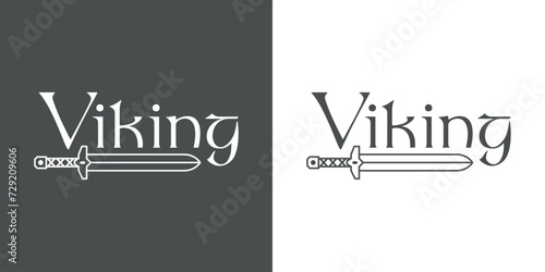 Logo con palabra Viking con espada medieval