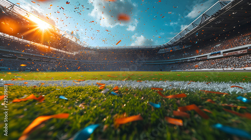 Soccer stadium with confetti as its peak moment background © Lucky Ai